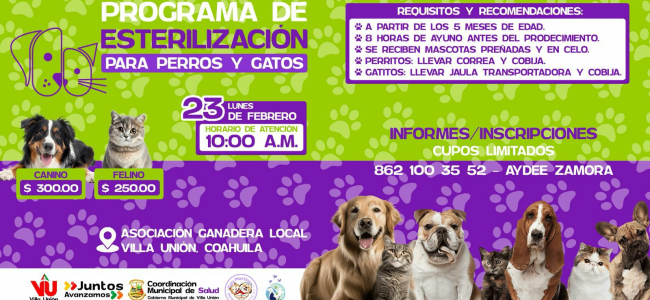Realizarán esterilización para mascotas en Villa Unión